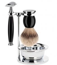 Бритвенный набор MUEHLE SOPHISTБритвенный набор MUEHLE SOPHIST, черная смола, барсучий ворс высшей категории Silvertip, Т-образная бритва, чаша