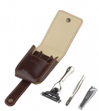 Бритвенный дорожный набор IL Ceppo: станок, пинцет, книпсер, чехол из натуральной кожи, коричневый цвет