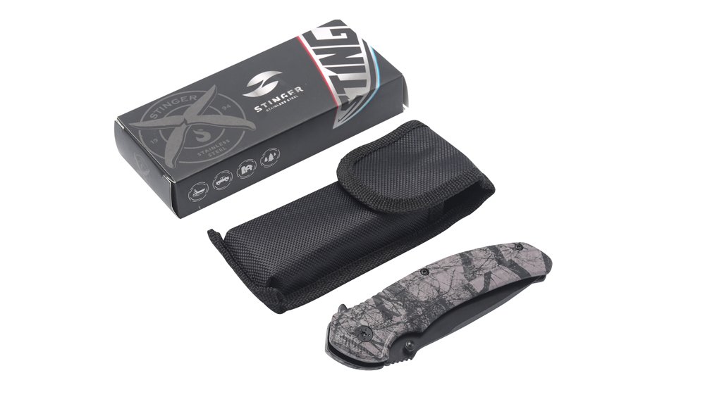 Нож складной Stinger, 84 мм (черный), рукоять: алюминий (черн. камуфляж), картонная коробка