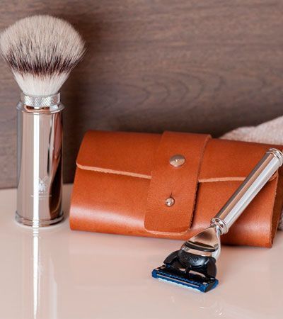 Дорожный бритвенный набор MUEHLE, чехол из натуральной коричневой кожи, помазок, дорожная бритва Fusion