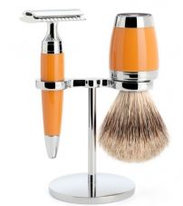 Бритвенный набор MUEHLE STYLO, смола, цвет карамели, барсучий ворс категории Fine, Т-образная бритва