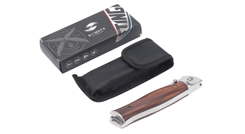 Нож складной Stinger, 106 мм (серебристый), рукоять: сталь/дерево (серебр.-корич.), коробка картон