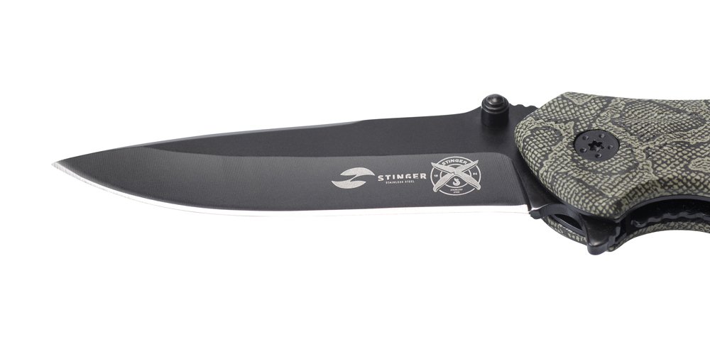 Нож складной Stinger, 84 мм (черный), рукоять: алюминий (зеленый камуфляж), картонная коробка