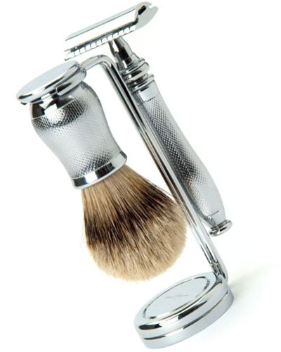 Бритвенный набор Edwin Jagger Chatsworth Metal Barley (Бритва т-образная c фигурной ручкой, помазок из барсучего ворса Silvertip и подставка) 3PCCBASRST