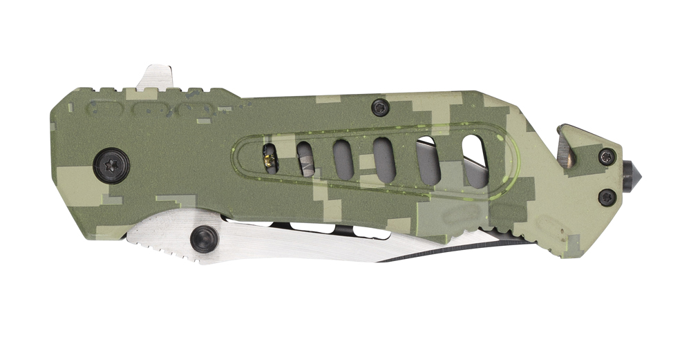 Нож складной Stinger, 88 мм (серебристый), рукоять: алюминий (зеленый камуфляж), картонная коробка