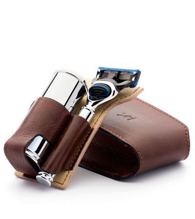 Дорожный бритвенный набор MUEHLE, чехол из натуральной коричневой кожи, дорожный помазок, дорожная бритва Mach3