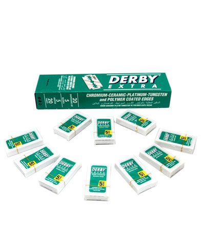 Блок сменных лезвий для безопасной бритвы "DERBY" Extra Зеленая пачка 20 пачек * 5 лезвий "колбаска"