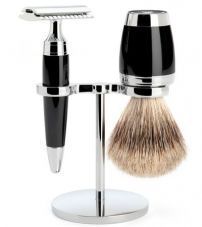 Бритвенный набор MUEHLE STYLO, черная смола, барсучий ворс категории Fine, Т-образная бритва