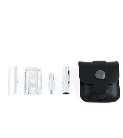 Станок Т- образный для бритья MERKUR-933C хромированный, разборный, в чехле из натуральной воловьей кожи, лезвие в комплекте 933000