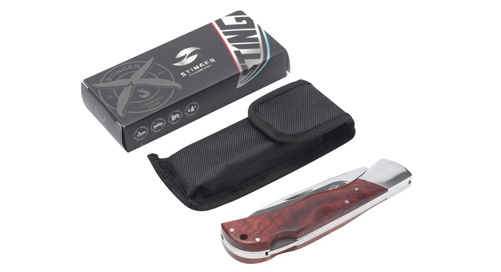 Нож складной Stinger, 104 мм (серебристый), рукоять: сталь/дерево (серебр.-корич.), коробка картон