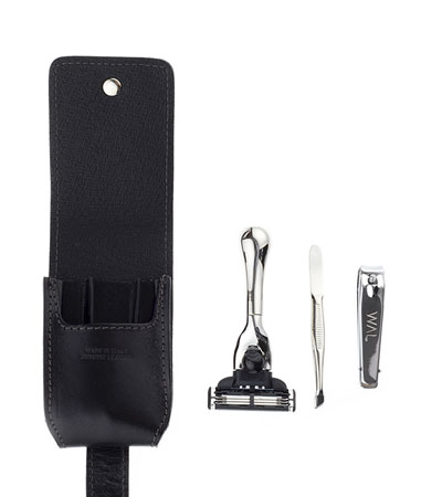 Бритвенный дорожный набор IL Ceppo: станок, пинцет, книпсер, чехол из натуральной кожи, черный цвет