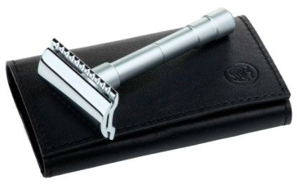 Станок Т- образный для бритья MERKUR-9046002  сатинированный, разборный, в чехле из натуральной воловьей кожи, лезвия в комплекте (10 шт)
