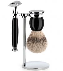 Бритвенный набор MUEHLE SOPHIST, черная смола, барсучий ворс высшей категории Silvertip, Т-образная бритва