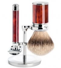 Бритвенный набор MUEHLE TRADITIONAL, смола черепахового цвета, барсучий ворс высшей категории Silvertip, Т-образная бритва