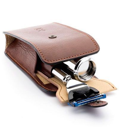 Дорожный бритвенный набор MUEHLE, чехол из натуральной коричневой кожи, дорожный помазок, дорожная бритва Mach3