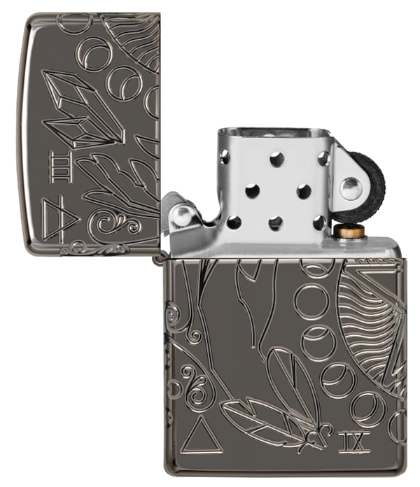 Зажигалка ZIPPO Armor® Wicca Design с покрытием Black Ice®, латунь/сталь, чёрная, 38x13x57 мм