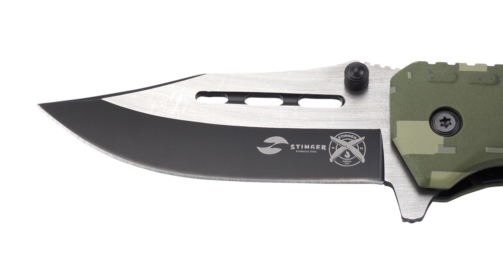 Нож складной Stinger, 88 мм (серебристый), рукоять: алюминий (зеленый камуфляж), картонная коробка