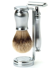 Бритвенный набор Edwin Jagger Chatsworth Metal Barley (Бритва т-образная c фигурной ручкой, помазок из барсучего ворса Silvertip и подставка) 3PCCBASRST