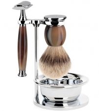 Бритвенный набор MUEHLE SOPHIST, натуральный рог, барсучий ворс высшей категории Silvertip, Т-образная бритва, чаша