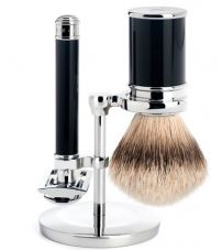 Бритвенный набор MUEHLE TRADITIONAL, черная смола, барсучий ворс высшей категории Silvertip, Т-образная бритва