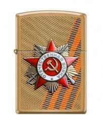 Зажигалка ZIPPO День победы с покрытием Brushed Brass, медь/сталь, золотистая, матовая, 36x12x56 мм