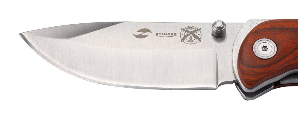 Нож складной Stinger, 91 мм (серебристый), рукоять: сталь/дерево (серебр.-корич.), коробка картон