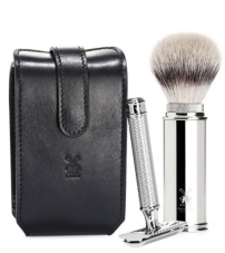 Дорожный бритвенный набор MUEHLE, чехол из натуральной черной кожи, дорожный помазок, Т-образная бритва