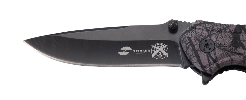 Нож складной Stinger, 84 мм (черный), рукоять: алюминий (черн. камуфляж), картонная коробка