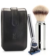 Дорожный бритвенный набор MUEHLE, чехол из натуральной черной кожи, помазок, бритва Fusion