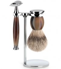 Бритвенный набор MUEHLE SOPHIST, натуральный рог, барсучий ворс Silvertip, Т-образная бритва