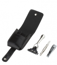 Бритвенный дорожный набор IL Ceppo: станок, пинцет, книпсер, чехол из натуральной кожи, черный цвет