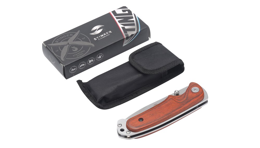 Нож складной Stinger, 91 мм (серебристый), рукоять: сталь/дерево (серебр.-корич.), коробка картон