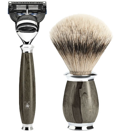 Бритвенный набор MUEHLE PURIST, каповый бук, барсучий ворс высшей категории Silvertip, бритва Fusion