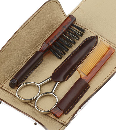 Дорожный набор для усов и бороды IL Ceppo в коричневом чехле: щетка, расческа, ножницы