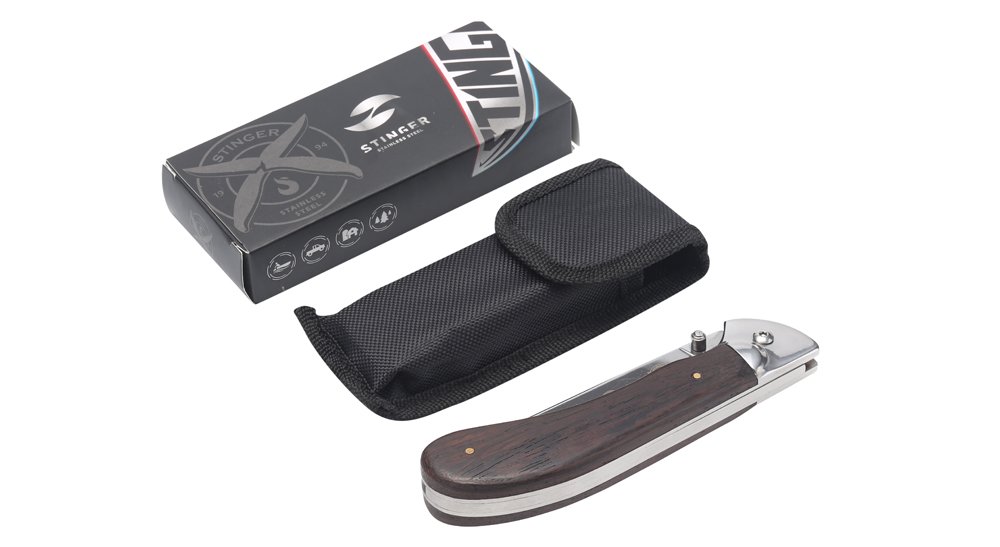 Нож складной Stinger, 105 мм (серебристый), рукоять: сталь/дерево (серебр.-корич.), коробка картон