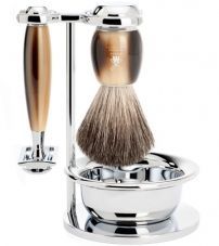 Бритвенный набор MUEHLE VIVO, смола, цвет рога, натуральный барсучий ворс, Т-образная бритва, чаша