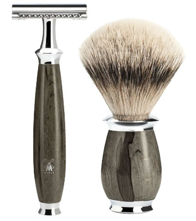 Бритвенный набор MUEHLE PURIST, каповый бук, барсучий ворс высшей категории Silvertip, Т-образная бритва