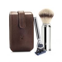 Дорожный бритвенный набор MUEHLE, чехол из натуральной коричневой кожи, дорожный помазок, бритва Fusion
