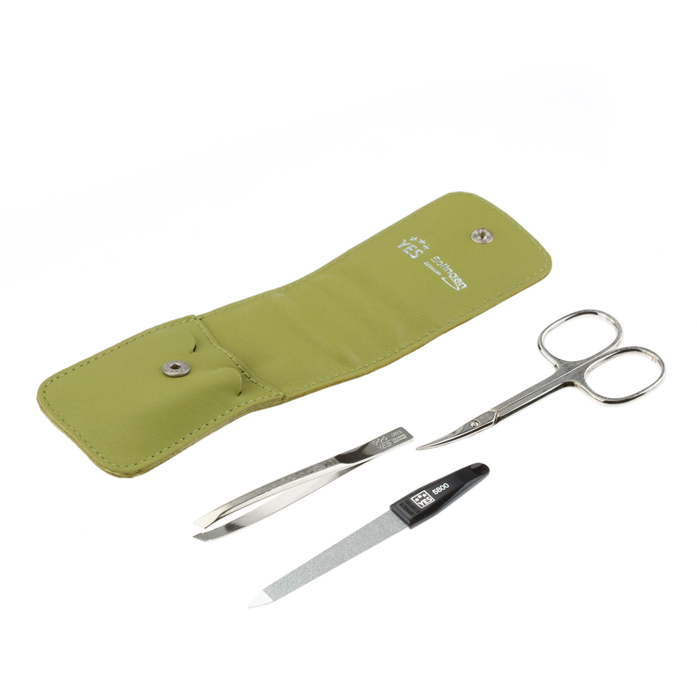 Маникюрный набор YES, 3 пр. 9026 Футляр: натуральная кожа, цвет зеленый 9026