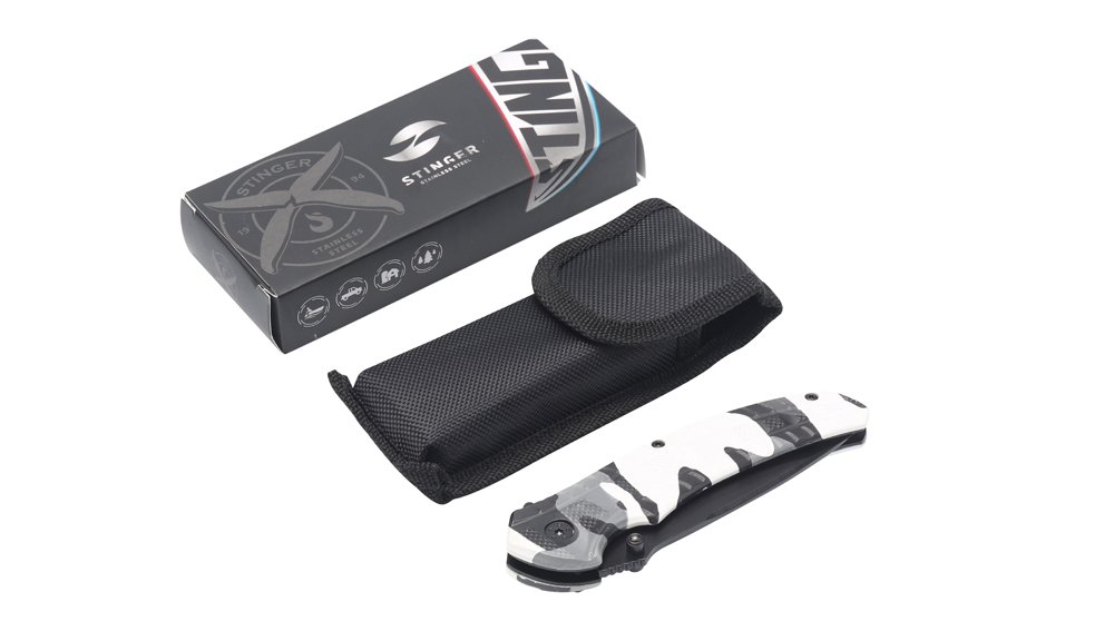 Нож складной Stinger, 84 мм (черный), рукоять: алюминий (черн.-бел. камуфляж), картонная коробка