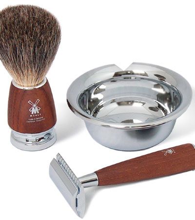 Бритвенный набор MUEHLE RYTMO, ясень, натуральный барсучий ворс, Т-образная бритва, чаша
