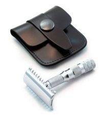 Станок Т- образный для бритья MERKUR-985C хромированный, разборный, чехол из натуральной воловьей кожи, лезвие в комплекте