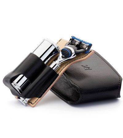 Дорожный бритвенный набор MUEHLE, чехол из натуральной черной кожи, помазок, бритва Fusion