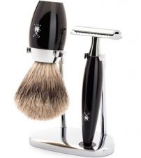 Бритвенный набор MUEHLE KOSMO, черная смола, барсучий ворс категории Fine, Т-образная бритва