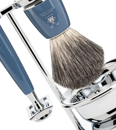 Бритвенный набор MUEHLE RYTMO, темно-бирюзовая смола, натуральный барсучий ворс, Т-образная бритва, чаша