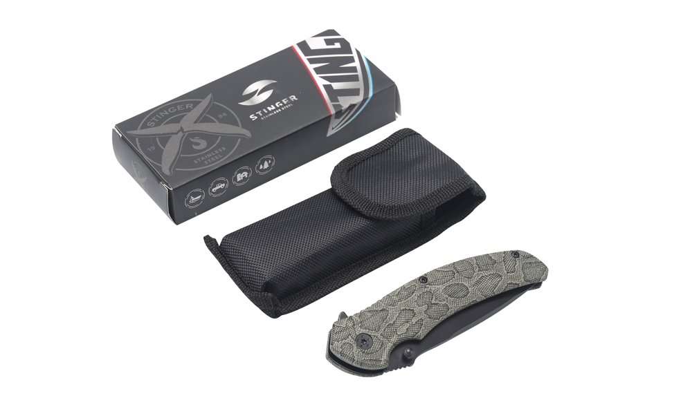 Нож складной Stinger, 84 мм (черный), рукоять: алюминий (зеленый камуфляж), картонная коробка