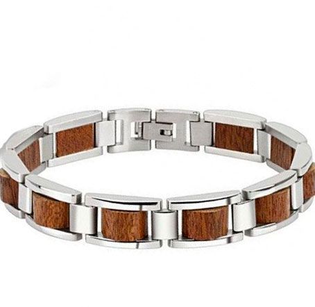 Браслет стальной со вставками из натурального дерева Spikes