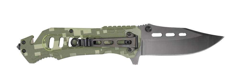 Нож складной Stinger, 88 мм (серебристый), рукоять: алюминий (зеленый камуфляж), картонная коробка