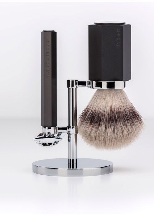 Бритвенный набор MUEHLE HEXAGON, графит, барсучий ворс высшей категории Silvertip, Т-образная бритва