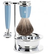Бритвенный набор MUEHLE RYTMO, голубая смола, натуральный барсучий ворс, Т-образная бритва, чаша